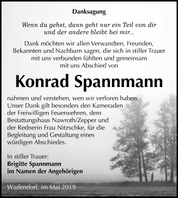 Traueranzeige von Konrad Spannmann von WVG - Wochenspiegel Bitterfeld