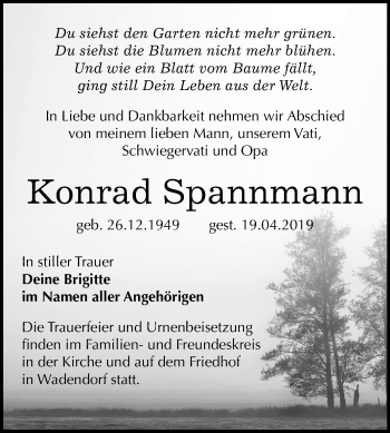 Traueranzeige von Konrad Spannmann von Mitteldeutsche Zeitung Bitterfeld