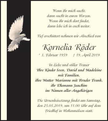 Traueranzeige von Kornelia Röder von WVG - Wochenspiegel NMB / WSF / ZTZ
