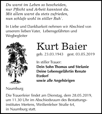 Traueranzeige von Kurt Baier von WVG - Wochenspiegel NMB / WSF / ZTZ