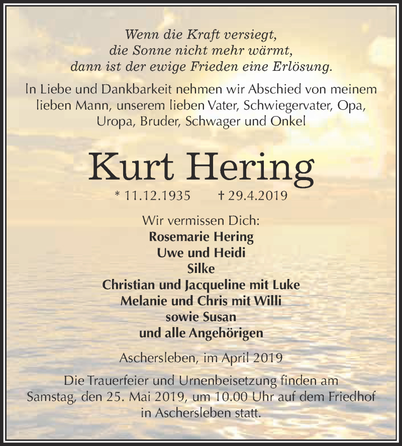  Traueranzeige für Kurt Hering vom 06.05.2019 aus Super Sonntag Aschersleben