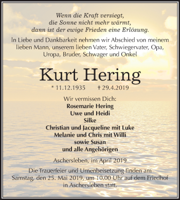 Traueranzeige von Kurt Hering von Mitteldeutsche Zeitung Aschersleben