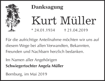 Traueranzeige von Kurt Müller von Super Sonntag Bernburg