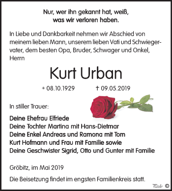 Traueranzeige von Kurt Urban von Mitteldeutsche Zeitung