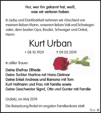 Traueranzeige von Kurt Urban von WVG - Wochenspiegel NMB / WSF / ZTZ