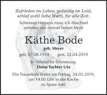 Traueranzeige von Käthe Bode von WVG - Wochenspiegel NMB / WSF / ZTZ