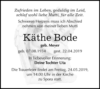 Traueranzeige von Käthe Bode von Mitteldeutsche Zeitung Zeitz