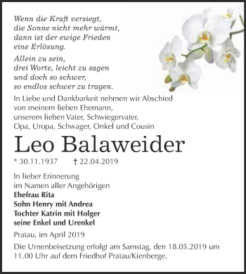 Traueranzeige von Leo Balaweider von WVG - Wochenspiegel Wittenberg