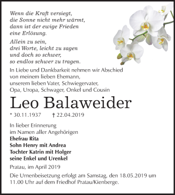 Traueranzeige von Leo Balaweider von Mitteldeutsche Zeitung