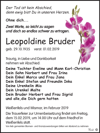 Traueranzeige von Leopoldine Bruder von Mitteldeutsche Zeitung Weißenfels