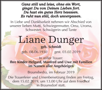 Traueranzeige von Liane Dunger von Mitteldeutsche Zeitung Merseburg/Querfurt