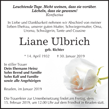 Traueranzeige von Liane Ulbrich von Mitteldeutsche Zeitung Zeitz