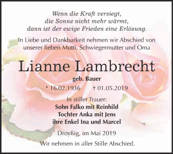 Traueranzeige von Lianne Lambrecht von WVG - Wochenspiegel NMB / WSF / ZTZ
