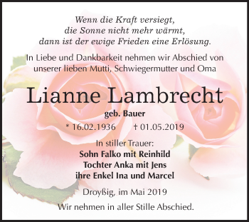 Traueranzeige von Lianne Lambrecht von Mitteldeutsche Zeitung Zeitz