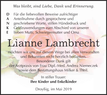 Traueranzeige von Lianne Lambrecht von WVG - Wochenspiegel NMB / WSF / ZTZ