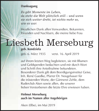 Traueranzeige von Liesbeth Merseburg von WVG - Wochenspiegel Dessau / Köthen