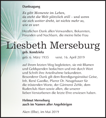 Traueranzeige von Liesbeth Merseburg von Mitteldeutsche Zeitung Köthen
