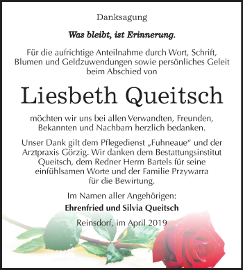 Traueranzeige von Liesbeth Queitsch von Mitteldeutsche Zeitung