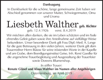 Traueranzeige von Liesbeth Walther von Mitteldeutsche Zeitung Köthen