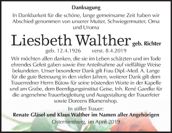 Traueranzeige von Liesbeth Walther von WVG - Wochenspiegel Dessau / Köthen