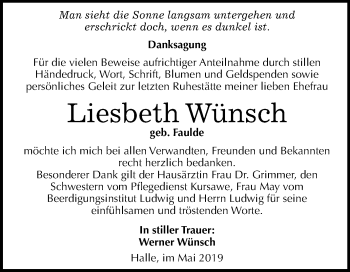 Traueranzeige von Liesbeth Wünsch von Mitteldeutsche Zeitung