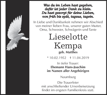 Traueranzeige von Lieselotte Kempa von WVG - Wochenspiegel NMB / WSF / ZTZ