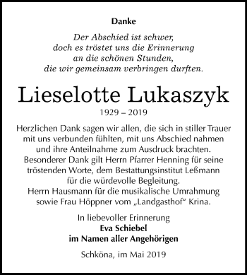 Traueranzeige von Lieselotte Lukaszyk von Mitteldeutsche Zeitung