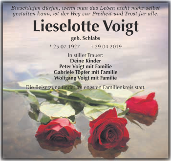 Traueranzeige von Lieselotte Voigt von WVG - Wochenspiegel Wittenberg