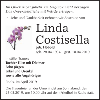 Traueranzeige von Linda Costisella von WVG - Wochenspiegel Wittenberg