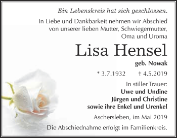 Traueranzeige von Lisa Hensel von Super Sonntag Aschersleben