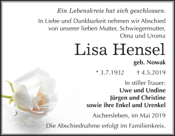 Traueranzeige von Lisa Hensel von Mitteldeutsche Zeitung Aschersleben