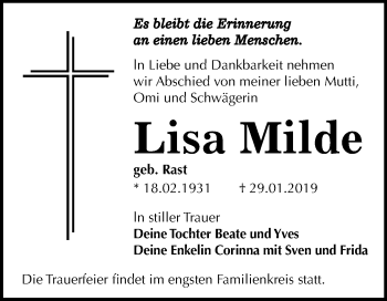 Traueranzeige von Lisa Milde von Mitteldeutsche Zeitung Dessau-Roßlau