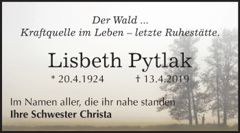 Traueranzeige von Lisbeth Pytlak von Mitteldeutsche Zeitung Quedlinburg