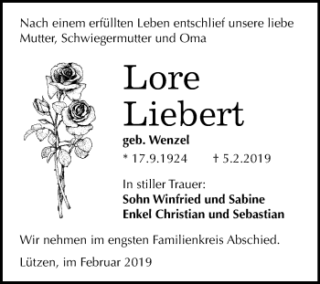 Traueranzeige von Lore Liebert von Mitteldeutsche Zeitung Weißenfels