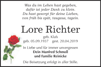 Traueranzeige von Lore Richter von WVG - Wochenspiegel Bitterfeld
