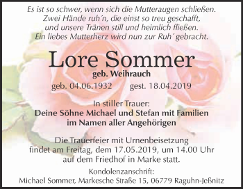 Traueranzeige von Lore Sommer von WVG - Wochenspiegel Bitterfeld
