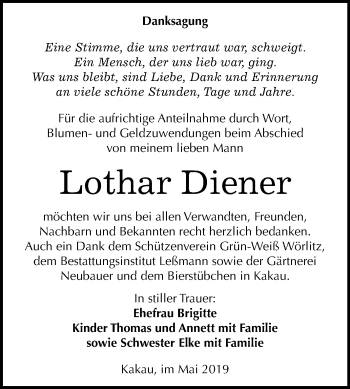 Traueranzeige von Lothar Diener von Mitteldeutsche Zeitung