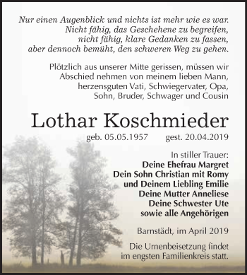 Traueranzeige von Lothar Koschmieder von WVG - Wochenspiegel Merseburg