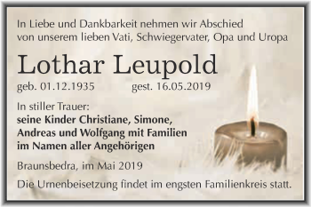 Traueranzeige von Lothar Leupold von WVG - Wochenspiegel Merseburg