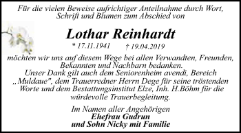 Traueranzeige von Lothar Reinhardt von WVG - Wochenspiegel Dessau / Köthen