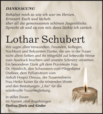 Traueranzeige von Lothar Schubert von Mitteldeutsche Zeitung Dessau-Roßlau