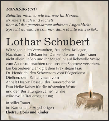 Traueranzeige von Lothar Schubert von WVG - Wochenspiegel Dessau / Köthen