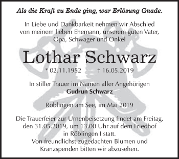 Traueranzeige von Lothar Schwarz von Super Sonntag SGH Mansf. Land