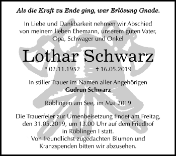 Traueranzeige von Lothar Schwarz von Mitteldeutsche Zeitung Mansfelder Land