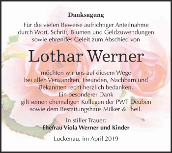 Traueranzeige von Lothar Werner von WVG - Wochenspiegel NMB / WSF / ZTZ
