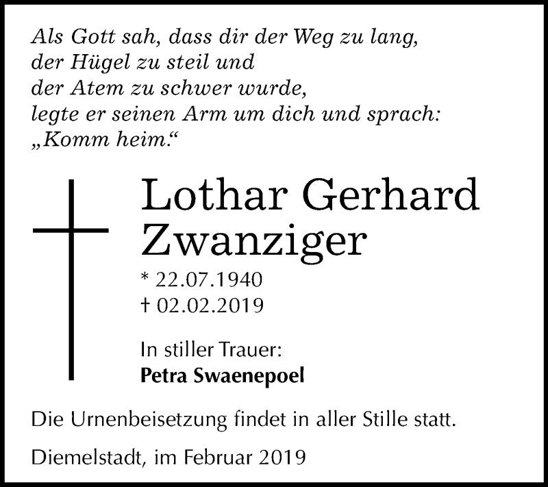  Traueranzeige für Lothar Gerhard Zwanziger vom 09.02.2019 aus Mitteldeutsche Zeitung Merseburg/Querfurt