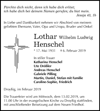 Traueranzeige von Lothar Wilhelm Ludwig Henschel von Mitteldeutsche Zeitung Zeitz