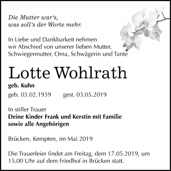 Traueranzeige von Lotte Wohlrath von Mitteldeutsche Zeitung Sangerhausen