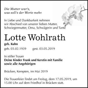 Traueranzeige von Lotte Wohlrath von WVG - Wochenspiegel SGH