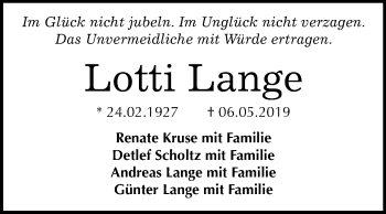 Traueranzeige von Lotti Lange von Mitteldeutsche Zeitung